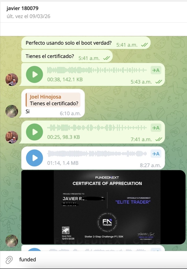 Chat - Javier, Certificado Elite Trader FundedNext